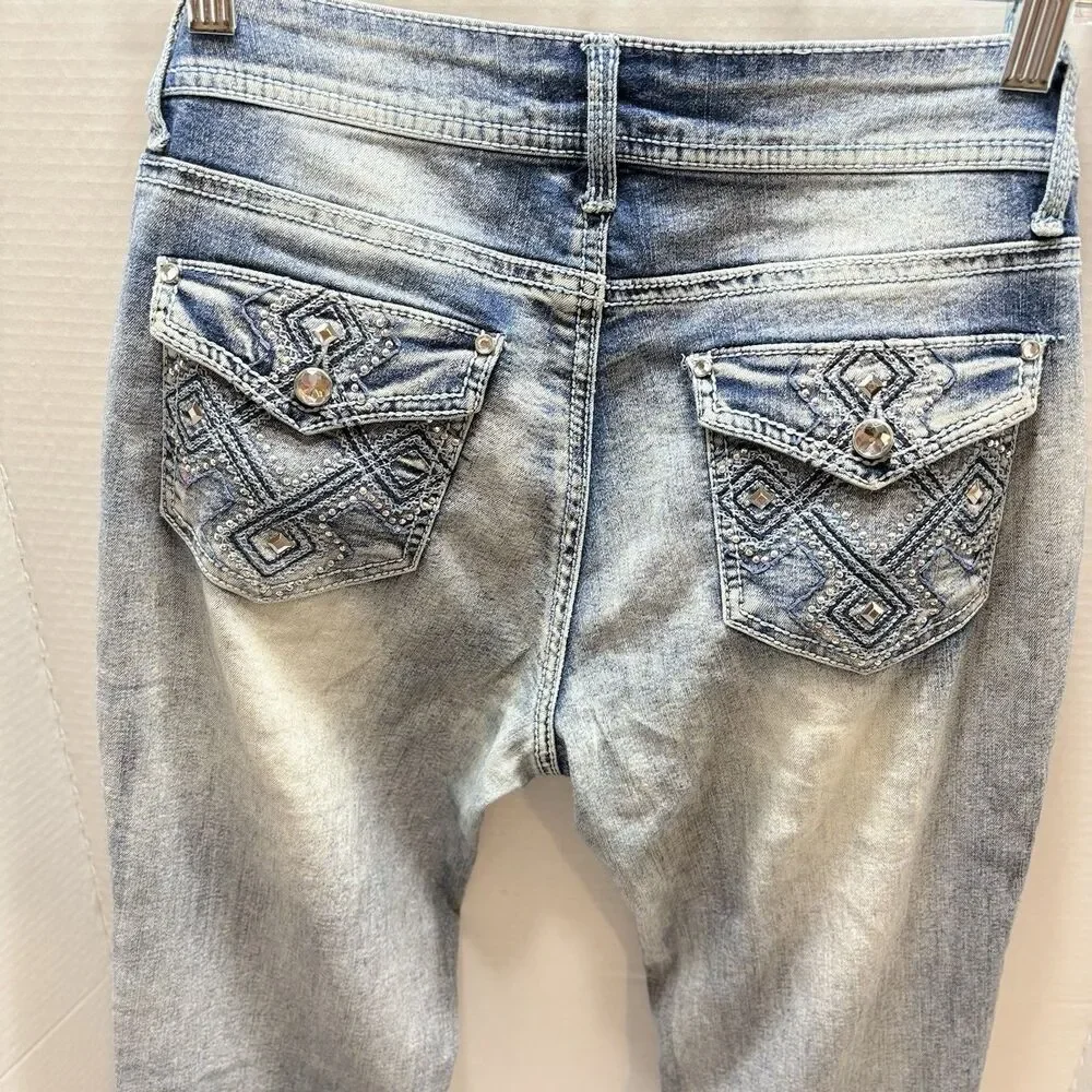 VINTAGE L.E.I Jeans Women’s 5 Ashley Low Rise Boot Flared Faded Y2K 30x32 Bling